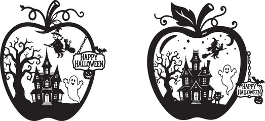 Naklejka premium Happy halloween pumpkin shaped stencil featuring a haunted house witch ghost and bats halloween silhouette celebration witchcraft decorative seasonal template illustration mysterious