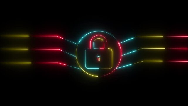 Neon padlock icon. Data protect concept and neon line lock icon concept. Glowing neon Web Security Shield Padlock Icon, neon technology electronic circuit board with lock icon animation .