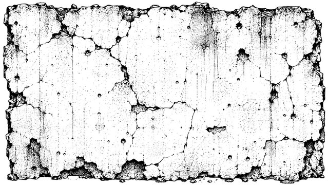 Antique engraved illustration of a cracked concrete wall with distressed surface textures, creating an aged background with weathered architectural character.