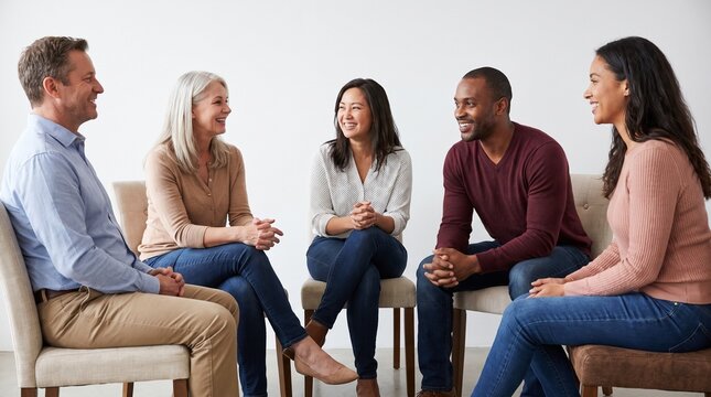 Diverse group of people sitting in a circle and talking happily