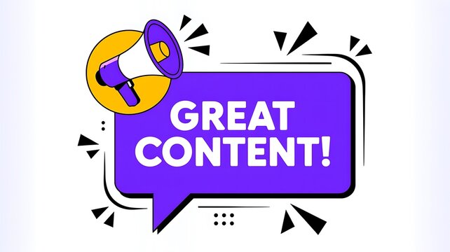 Great content, megaphone icon, purple speech bubble, social media announcement, marketing template