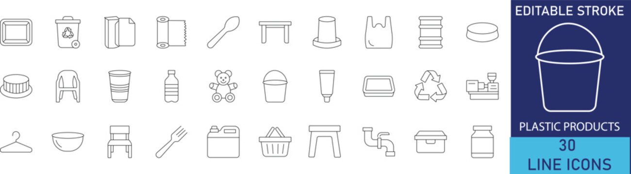 Plastic products manufacturing and recycling industry line icon set. Vector symbols for eco-friendly recycling symbols, plastic waste disposal, synthetic material molding, and consumer commodity goods