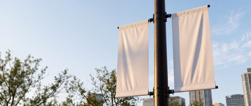 Blank street banners on metal pole mockup displaying two vertical white canvas flags against a clear blue sky and modern city background for outdoor advertising campaigns