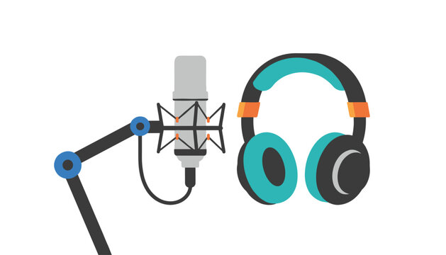 Professional recording studio equipment featuring a silver condenser microphone on an adjustable arm and blue headphones on white background.