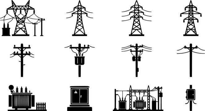 Silhouette set of electrical infrastructure icons including power transmission towers, utility poles, and transformers. Ideal for energy grid, electricity supply, and industrial design concepts.