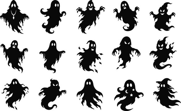 Set of black ghost silhouettes with scary faces for halloween design elements and icons isolated on transparent background, Vector