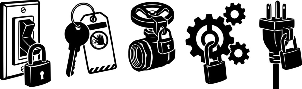 Set of black lockout tagout safety icons for industrial maintenance, featuring a locked switch, key with warning tag, locked valve, gears with lock, and electrical plug lock for energy isolation. 