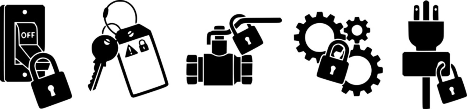 Set of black lockout tagout safety icons for industrial maintenance, featuring a locked switch, key with warning tag, locked valve, gears with lock, and electrical plug lock for energy isolation. 