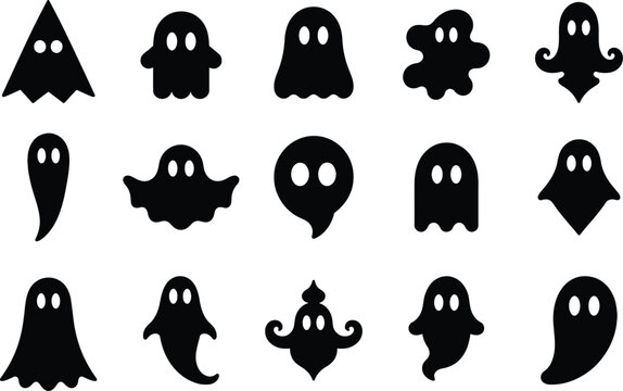 Set of black ghost icons and scary spirit silhouettes for halloween party design elements isolated on transparent background, Vector
