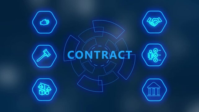 agreement business contract concept. handshake icon finance and partnership concept 4k video, neon contract icon, abstract wave technology on  business training improvement.