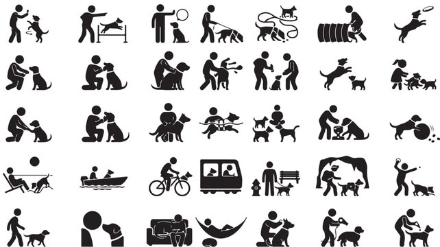 Dog training and pet care icon set, 28 black vector pictograms of human and canine interaction, animal behavior and obedience school symbols