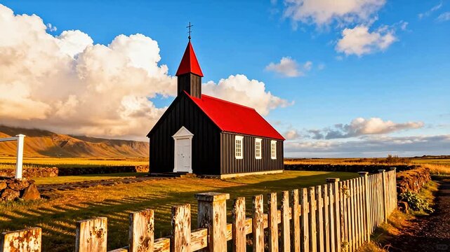 Black church with red roof in rural landscape