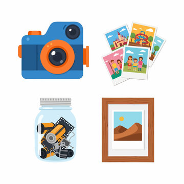 Photography Icons: Camera, Photos, Film Jar, Picture Frame - Vector Flat Illustration