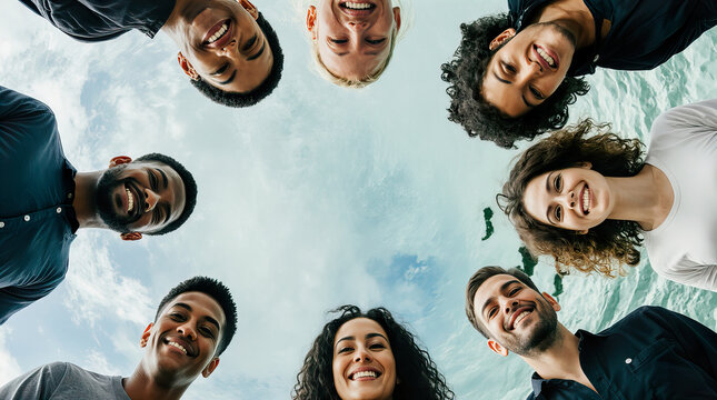 Diverse group of friends smiling and posing together outdoors with ocean and sky in the background, showcasing unity and friendship among different ethnicities