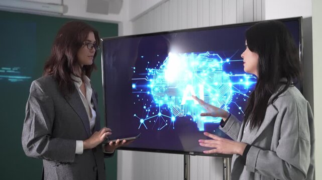 Discussion about AI technology with two speakers in a classroom setting