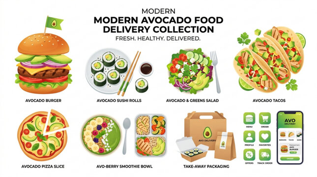 Modern avocado food delivery collection featuring healthy meals packaging and mobile ordering application interface with showcases modern packaging app