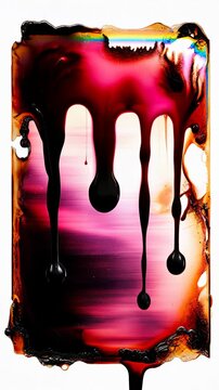 A macro video of damaged analog film emulsion slowly melting and flowing downward across a vintage photographic film frame.