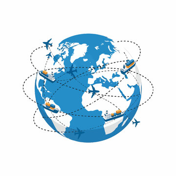 Global Logistics Network: Ships and Airplanes Connecting Continents on Earth Globe