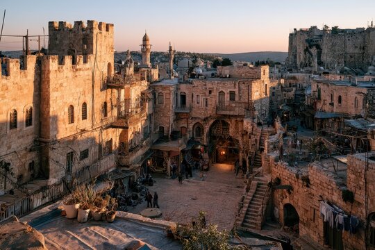 Rooftop panorama of Hebron's ancient streets with stone buildings and market life