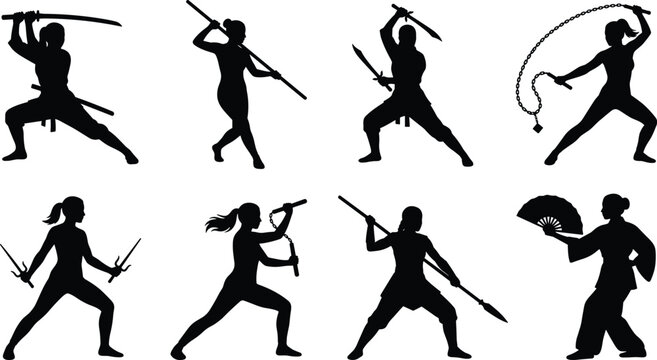 Collection of female martial artist silhouettes practicing combat poses with various traditional weapons isolated on white background
