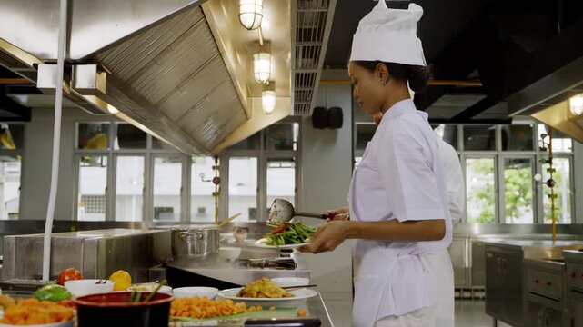 Cooks prepare meals in a busy kitchen with various ingredients and equipment during lunch service