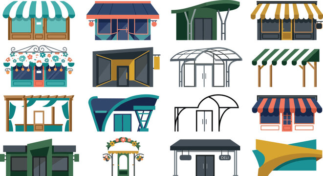 Collection of diverse store front facades and shop building exterior designs in flat illustration style