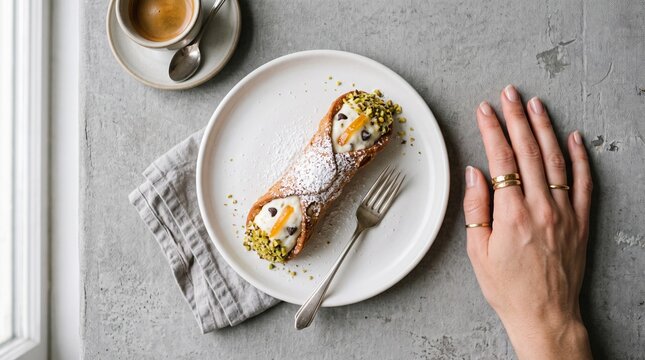 Commercial medium close-up lifestyle photography of a freshly made traditional Italian cannoli dessert &ndash; premium bakery branding, gourmet pastry marketing