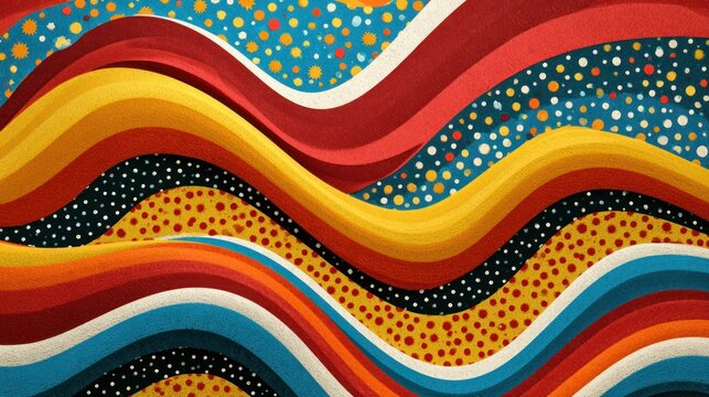 Colorful abstract wavy pattern with vibrant stripes and polka dots on textured background