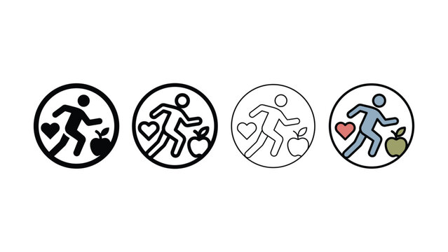 Diverse stylized circular icons depicting a runner alongside a heart and an apple symbolizing health and fitness