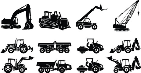 Collection of heavy construction machinery and vehicle black silhouettes including excavator bulldozer crane and dump truck isolated on white background © Foredul