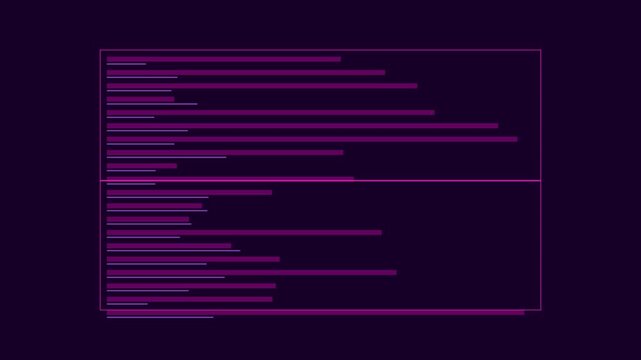 Abstract digital data interface with glowing purple lines and text code overlay animation 4k