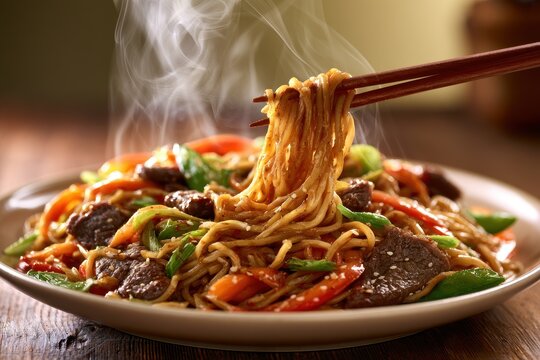 Plate of beef lo mein noodles with glossy sauce, steam, and chopsticks