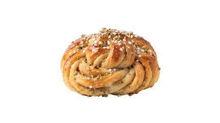Fototapeta premium A delicious, sesame-topped, braided pastry sits on a surface.