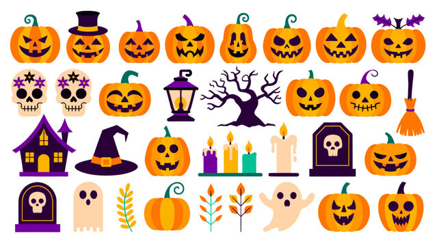 Halloween Halloween icon set featuring pumpkins ghosts skulls and spooky holiday elements for creative party design projects