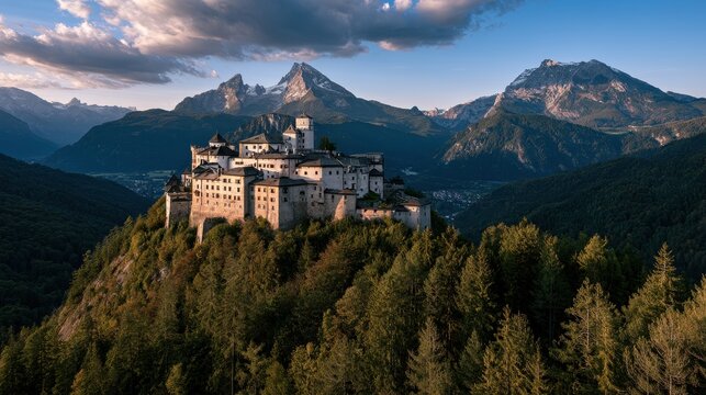 Hohenwerfen Castle perched on a forested hill in the Austrian Alps, dramatic medieval fortress against snow-capped peaks at golden hour