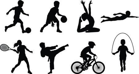 Collection of kids sport black silhouettes featuring soccer basketball gymnastics swimming tennis karate cycling and skipping rope isolated on white background © Foredul
