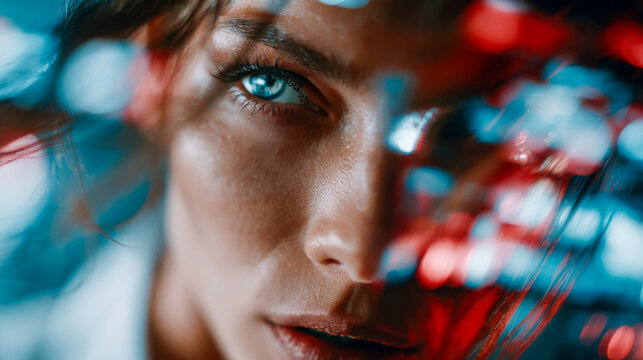 Extreme close-up of a woman eye with red and blue digital light trails, cyber identity, artificial intelligence and biometric vision concept