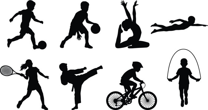 Collection of kids sport black silhouettes featuring soccer basketball gymnastics swimming tennis karate cycling and skipping rope isolated on white background
