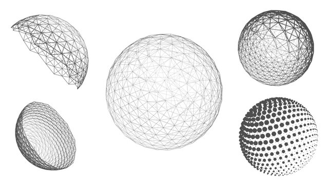 Wireframe spheres and hemispheres in abstract digital style