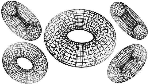 Wireframe torus shapes in abstract geometric composition