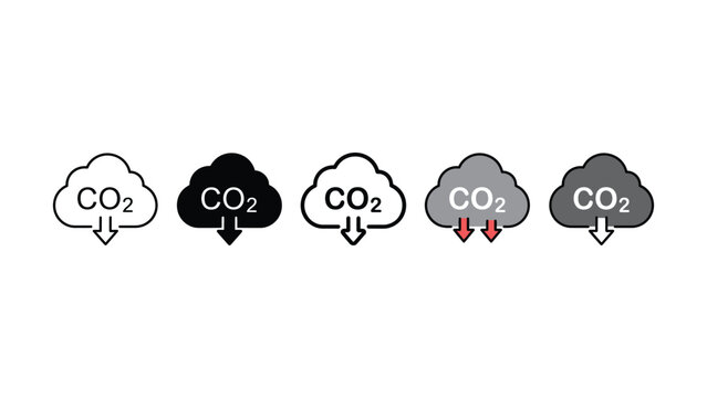 Carbon dioxide CO2 cloud icons with arrows pointing down