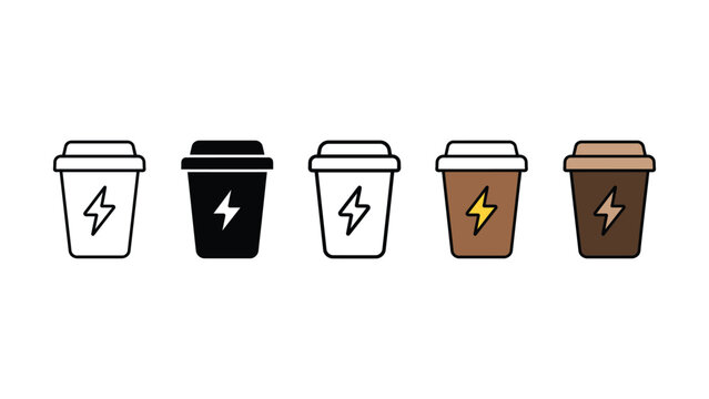 Colorful icons of disposable coffee cups with lightning bolts on them