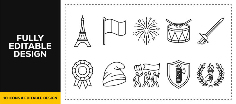 flat vector illustration line art icon bundle set design representing french culture parisian landmarks eiffel towers wine and traditional french heritage graphics UI