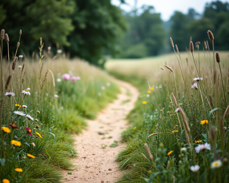 Chemin de terre bucolique serpentant &agrave; travers une prairie fleurie sauvage avec des herbes hautes et des fleurs color&eacute;es, paysage naturel paisible et serein en &eacute;t&eacute;