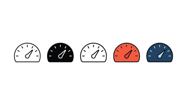 Five different colored gauge meters on white background