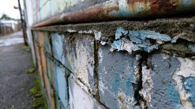 Weathered cinderblock wall in an urban alley with textured mortar and muted paint