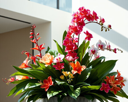 Splendide arrangement floral exotique avec des fleurs tropicales rouges et oranges aux larges feuilles vertes dans un bac blanc, d&eacute;coration int&eacute;rieure luxueuse