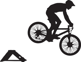 Fototapeta premium Silhouette of a mountain biker jumping over a ramp, extreme sports concept, active lifestyle, outdoor adventure, cycling action, dynamic pose, black graphic design element