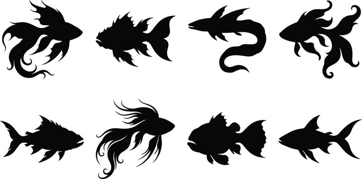 Fantasy and exotic fish black silhouette set featuring long tail betta goldfish and eel isolated vector illustrations on white background