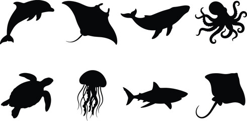 Marine life black silhouette set featuring dolphin whale shark octopus and sea turtle isolated vectors on white background © Foredul